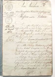 Urkunde von 1833 über den Kauf von Weinbergen und Kelterhaus